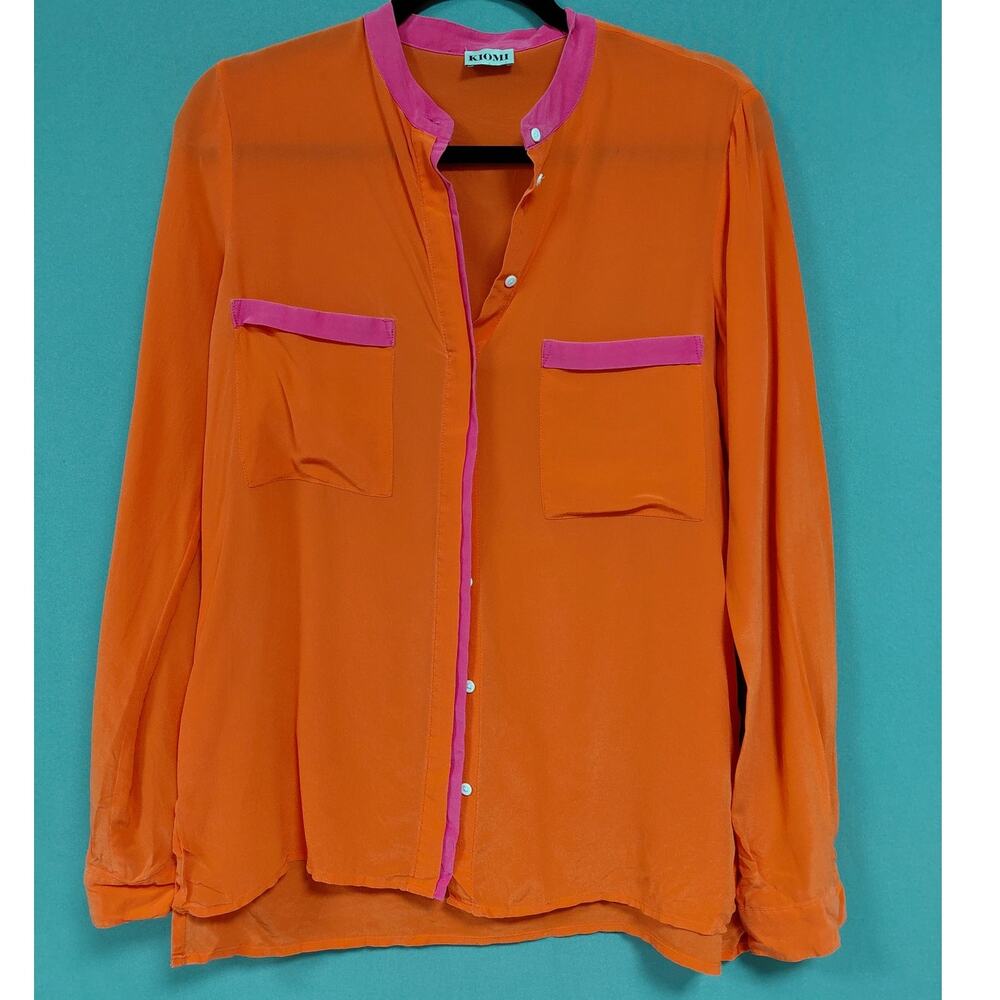 KIOMI Orange Blouse Solid Long Sleeve 100% Silk Women See Measurements